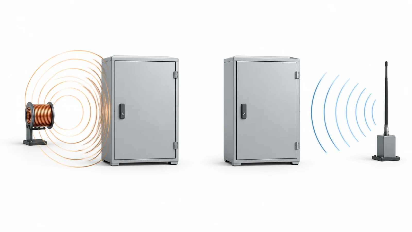 Two enclosure scenes comparing a nearby magnetic source with an external radio-frequency source.