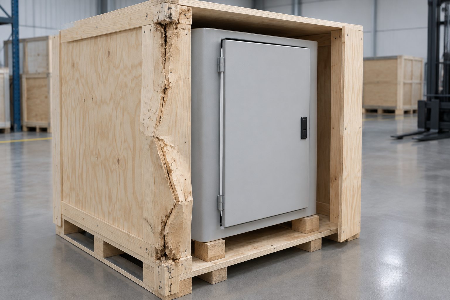 Illustrative damaged crate corner near cabinet door