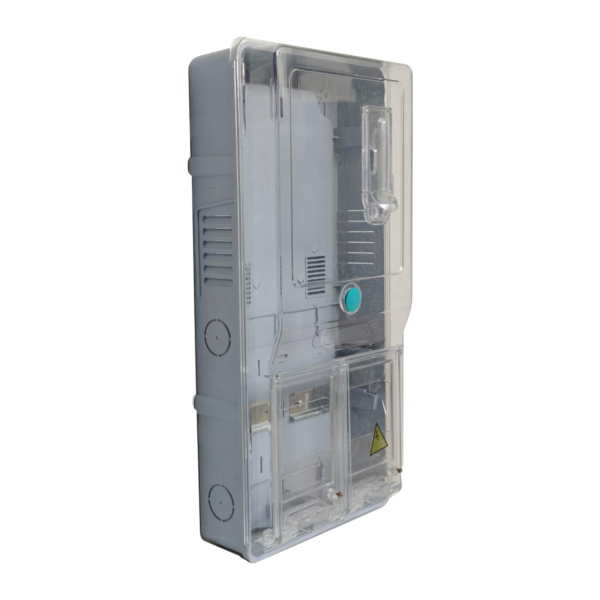 Front-left view of an electrical enclosure with a clear cover and two lower access doors