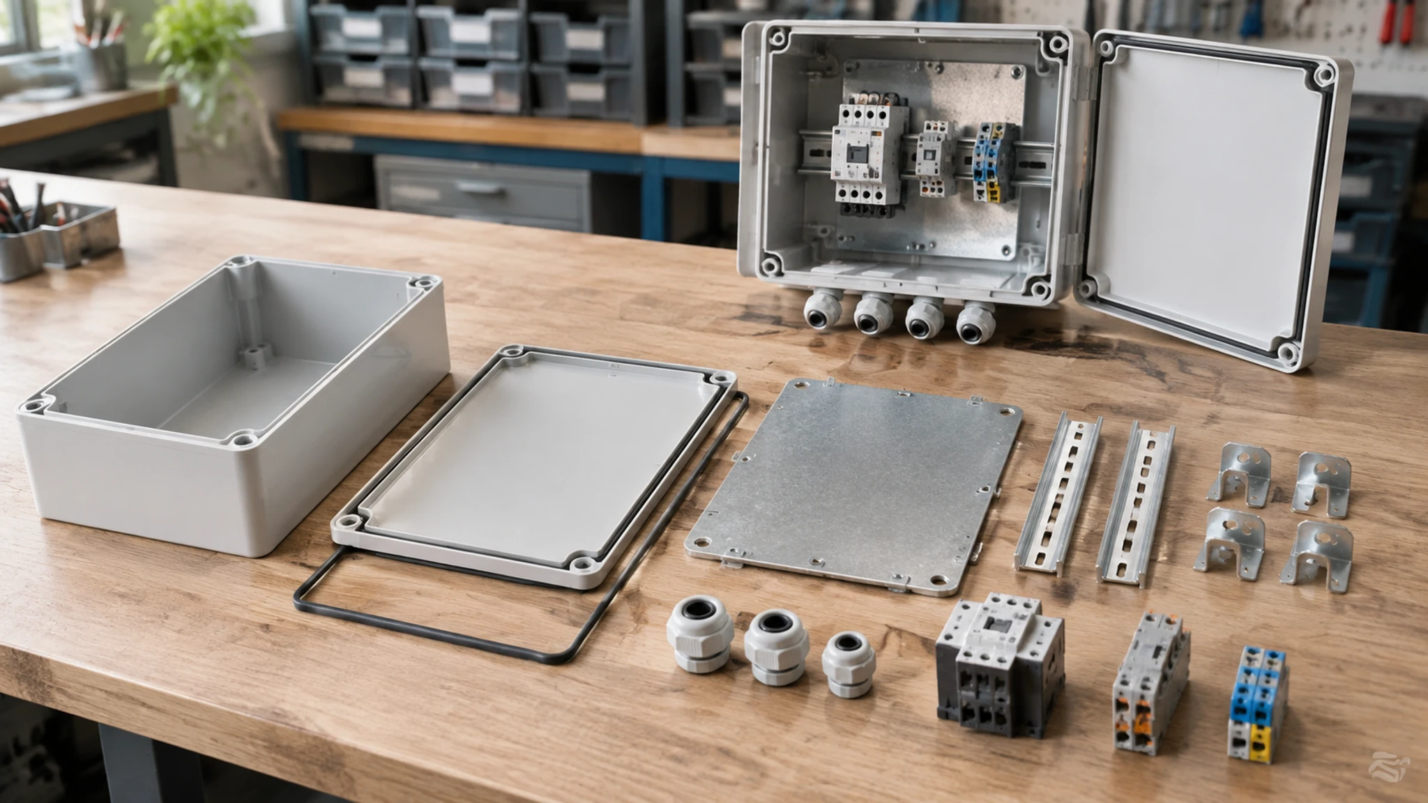 Enclosure body, lid, backplate, rails, brackets and control components arranged on an assembly bench.