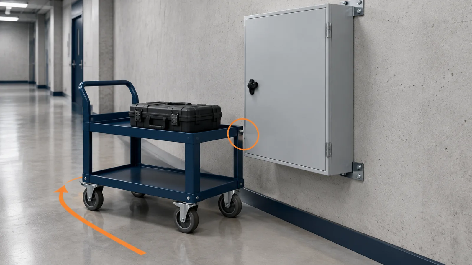 Illustrative maintenance cart near the lower corner of a wall-mounted electrical enclosure.