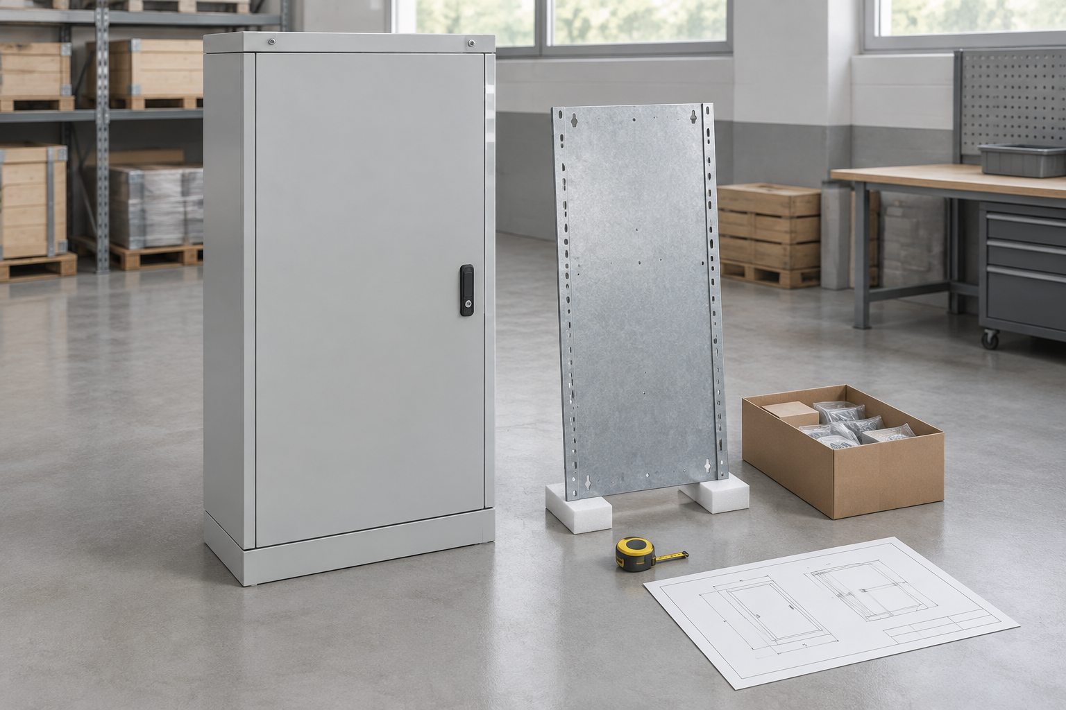 Illustrated electrical cabinet with removed mounting plate and accessories