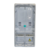 Front view of an electrical enclosure with a clear cover and two lower access doors