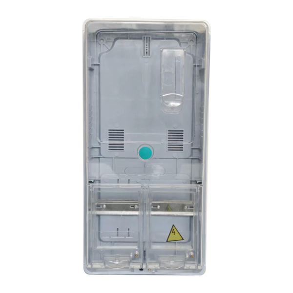 Front view of an electrical enclosure with a clear cover and two lower access doors