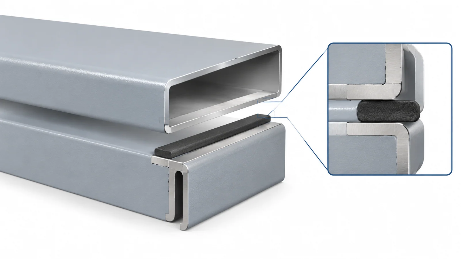 Enclosure flange detail showing a conductive gasket seated on an exposed metal contact surface.