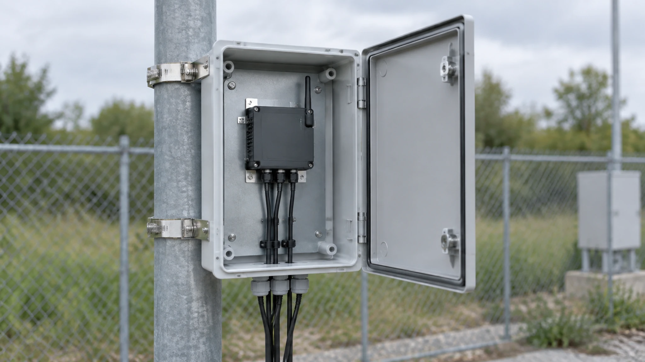 Pole-mounted non-metallic enclosure with an inset showing a separate internal equipment mounting plate.