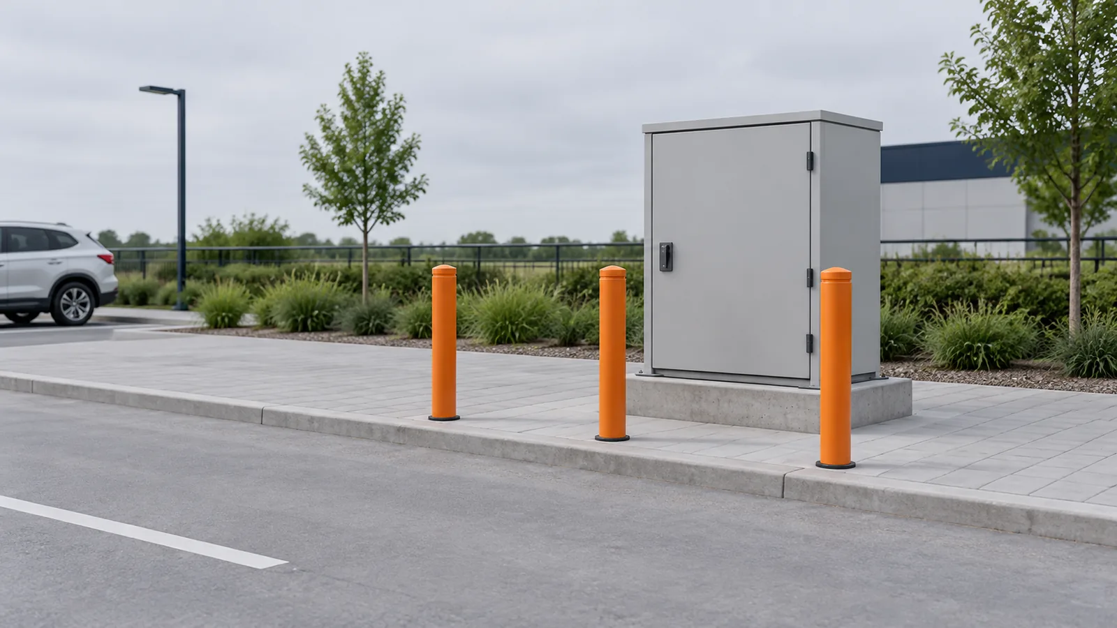 Conceptual roadside enclosure on a plinth with separate bollards between the cabinet and vehicle lane.