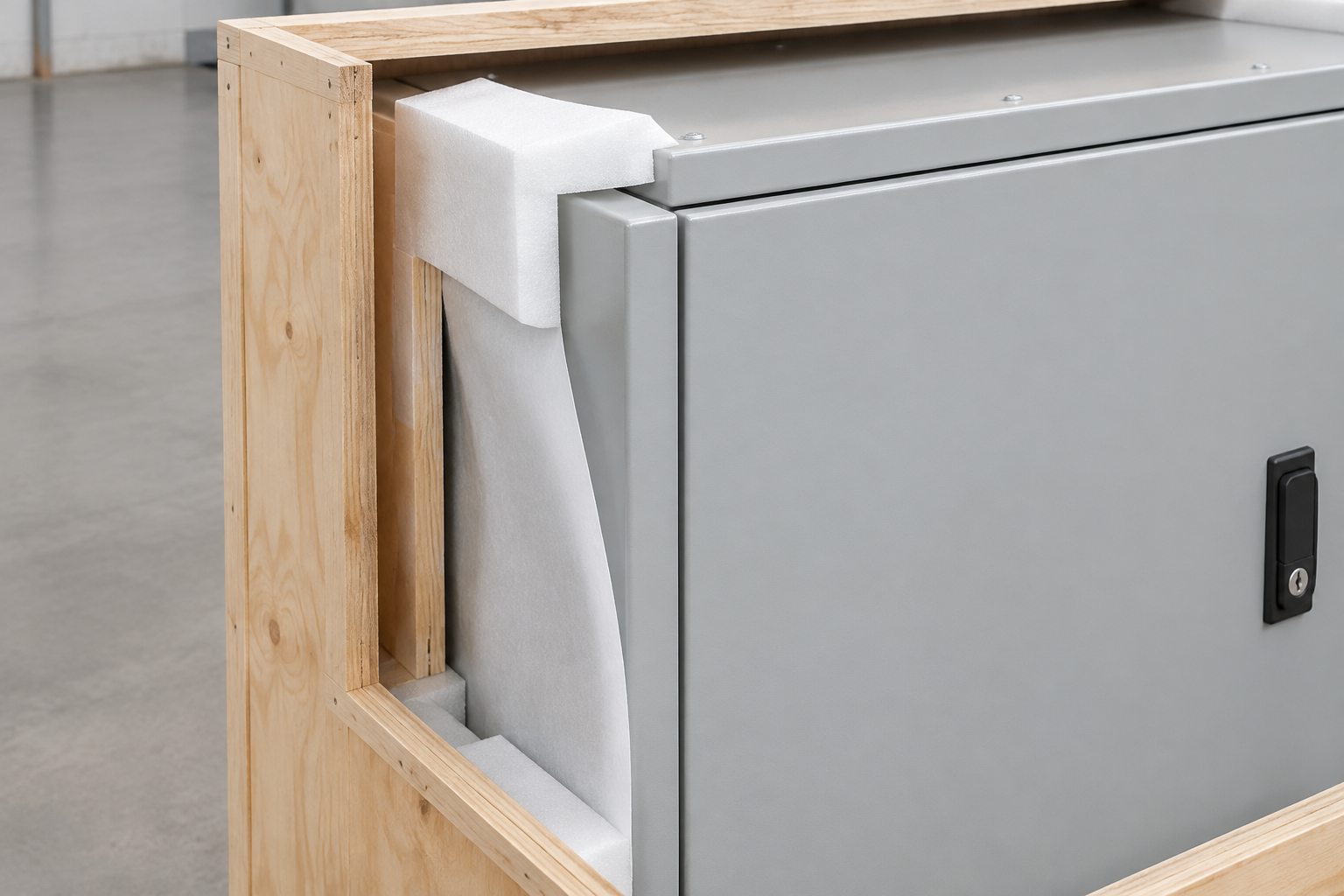 Padded cabinet corner separated from timber crate