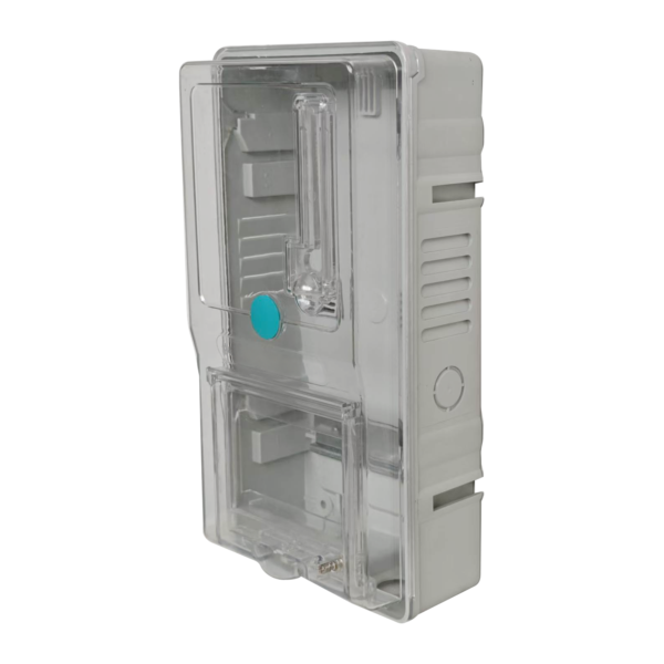 Front-right view of an electrical enclosure with a clear cover and a single lower access door