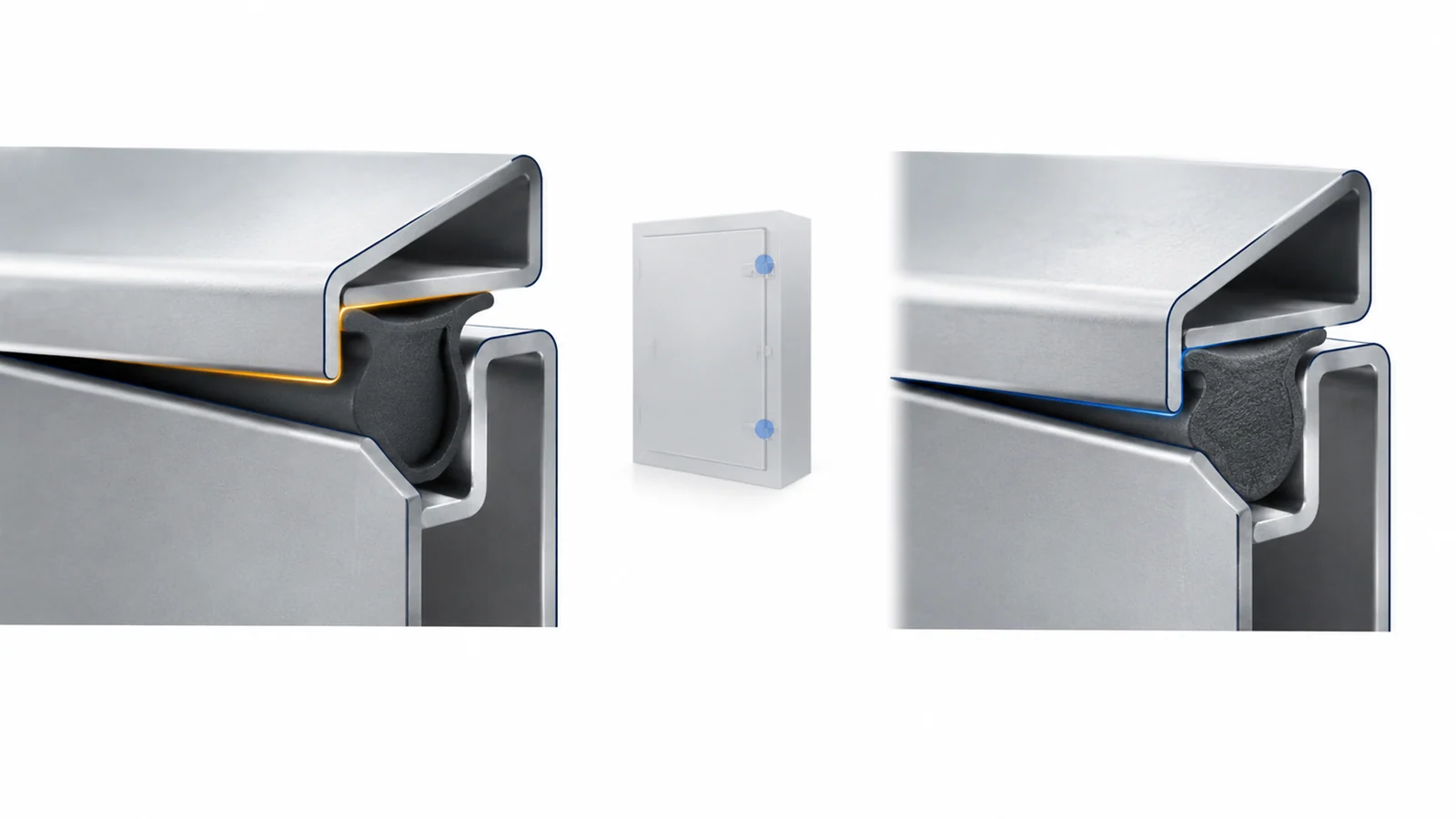 Door-joint sections showing a contact gap and a compressed conductive gasket.