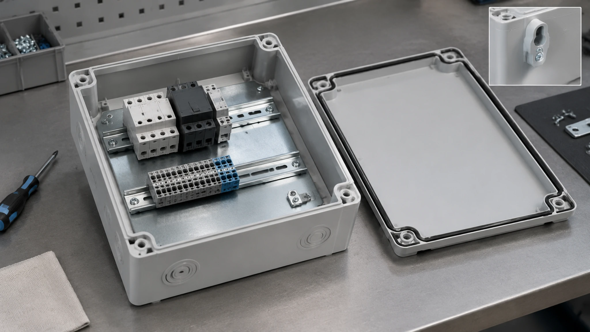 Open polycarbonate enclosure with an aluminum mounting plate, metal rails and conductive internal hardware.