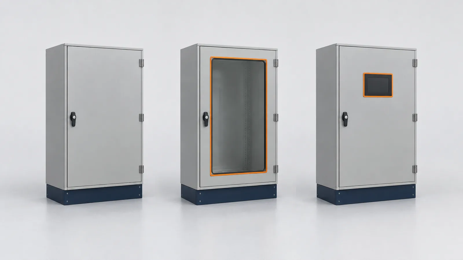 Three illustrative enclosure variants with a solid metal door, a viewing window and a fitted HMI screen.