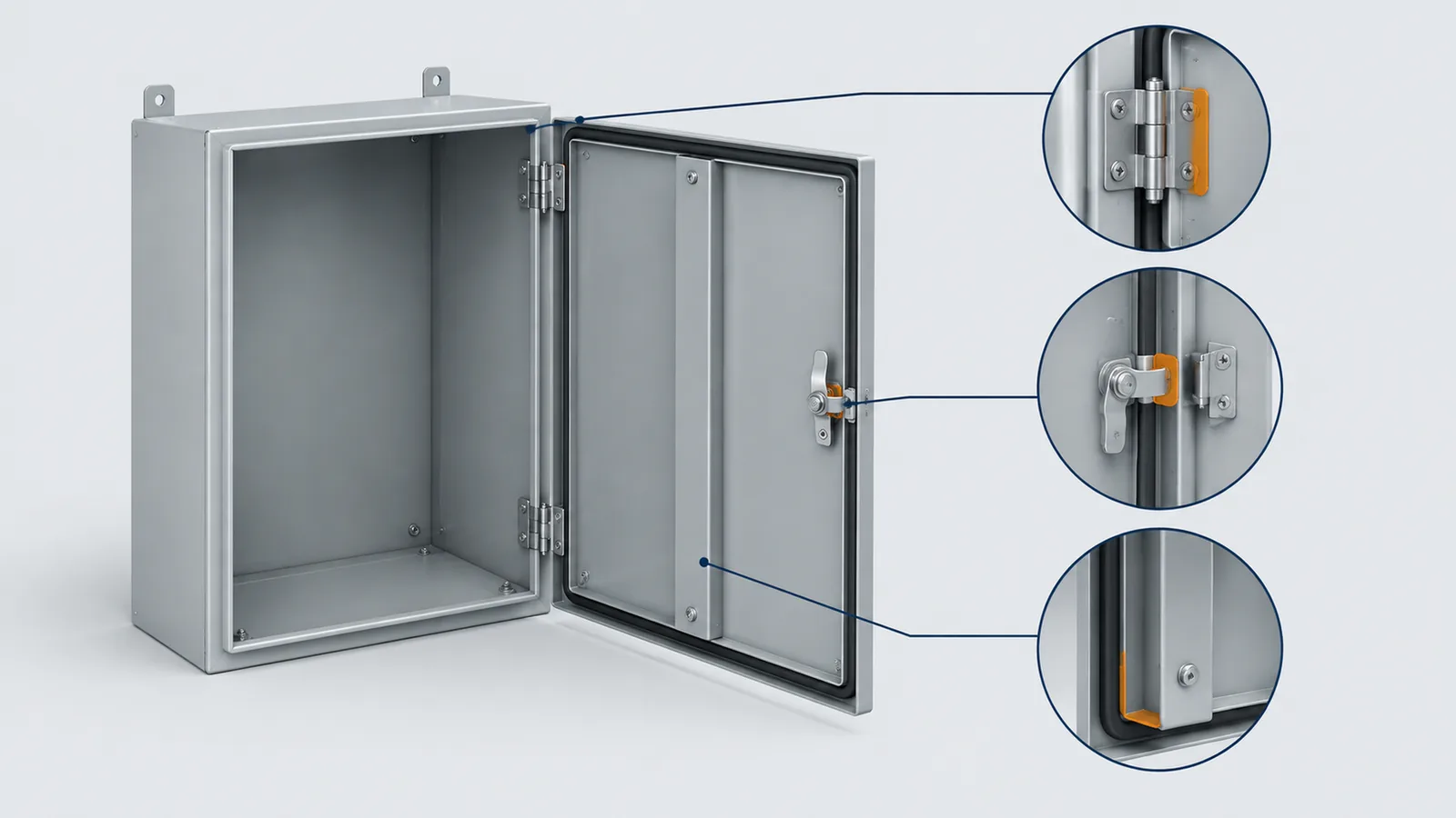 Open empty enclosure with magnified illustrative details of a hinge, latch keeper and folded door edge.
