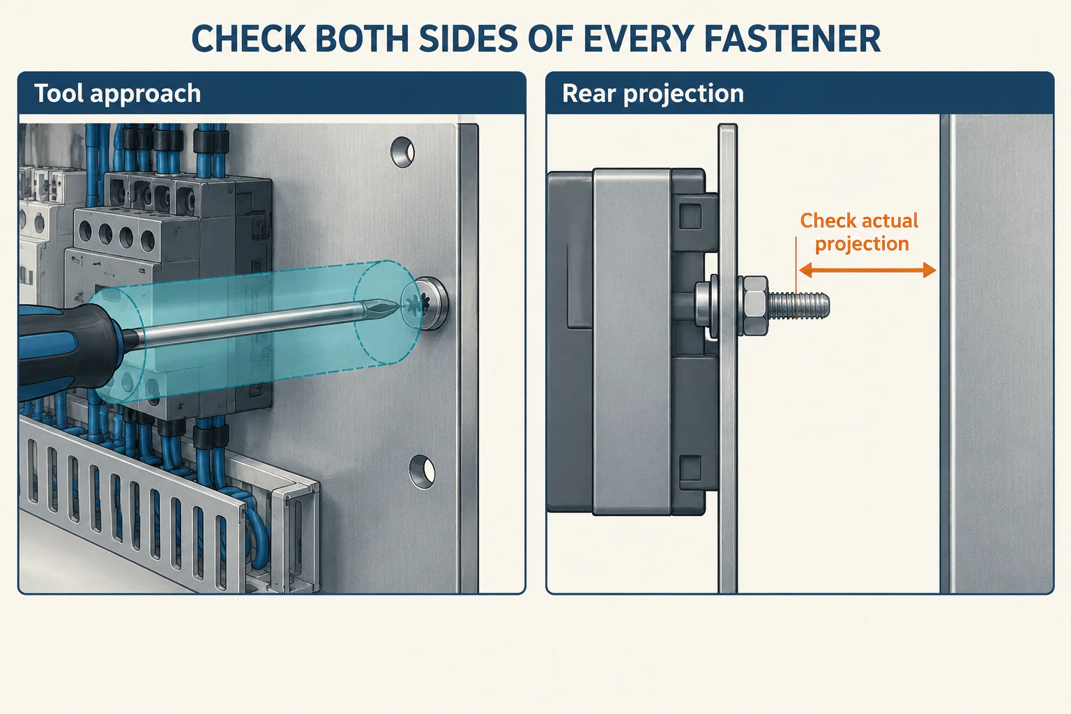 Fastener details showing screwdriver access at the front and screw projection behind the mounting plate.