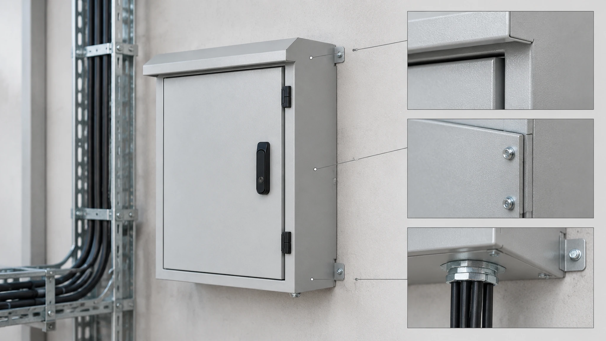 Metal enclosure with detail views of the door joint, removable panel seam, and cable entry.