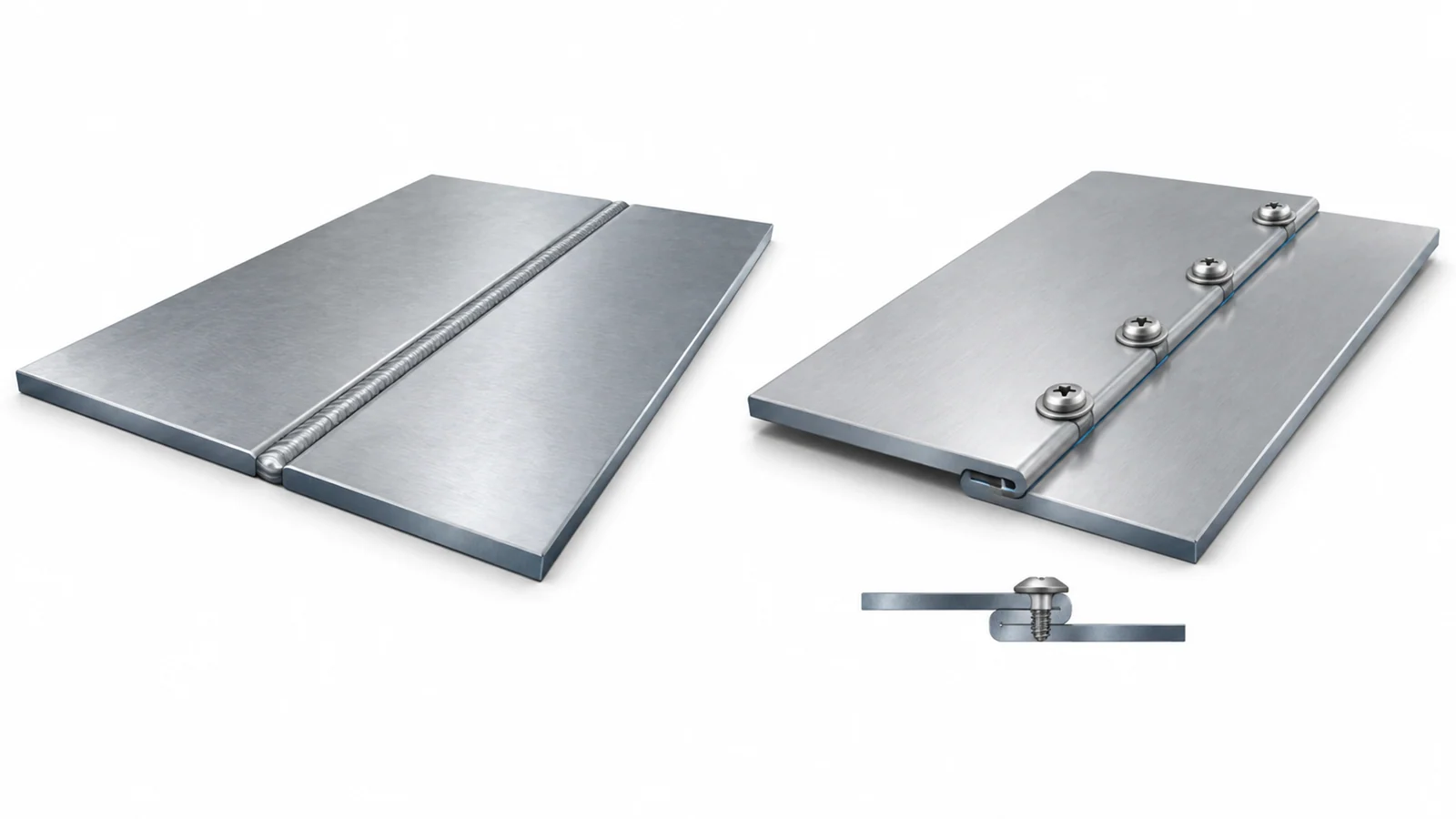 Continuous welded seam and bolted overlapping joint in metal enclosure panels.