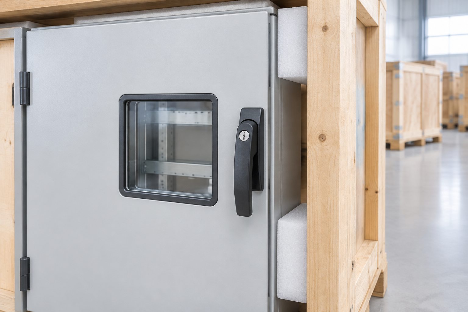 Protected handle and window with clear space inside timber crate