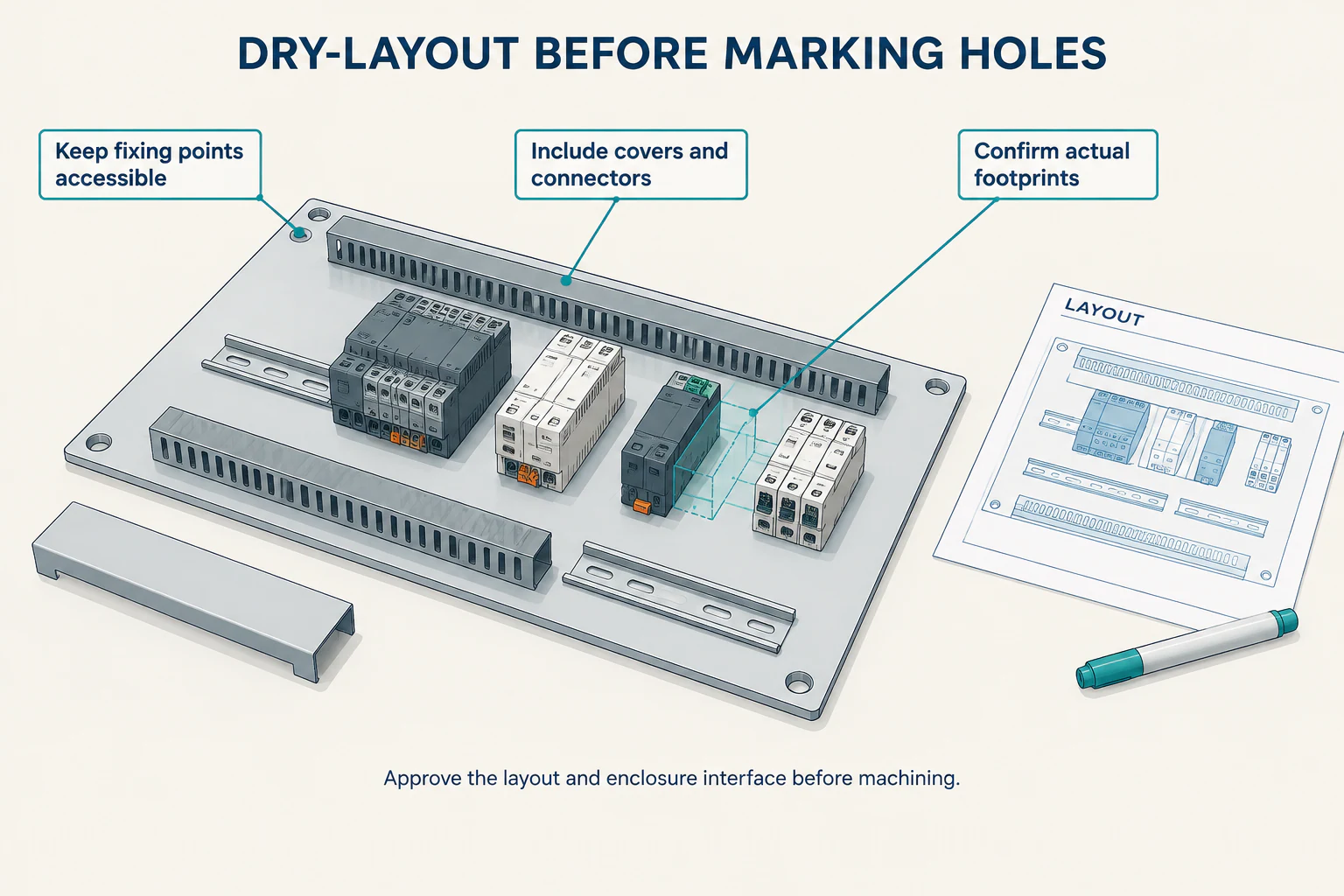 Dry layout of DIN rails, wire ducts and control devices with enclosure fixing points left accessible.