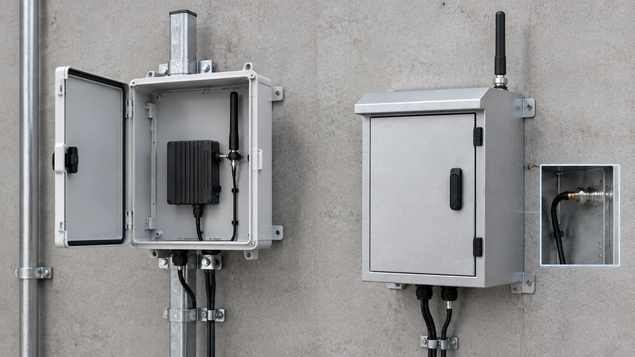 Internal antenna in a non-metallic enclosure beside an external-antenna arrangement on a metal enclosure.