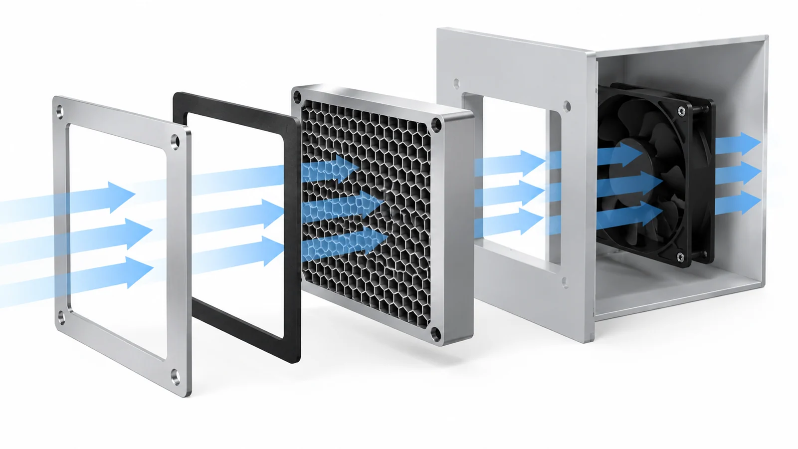 Exploded honeycomb vent assembly with retaining frame, perimeter gasket, cabinet wall and fan.