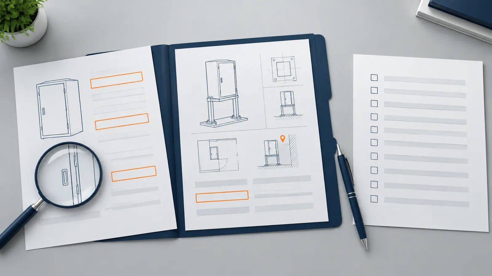 Illustrative document review showing enclosure sketches, test-setup diagrams and an unfilled checklist.