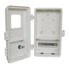 White electrical enclosure with the door open, showing internal compartments and a mounting rail