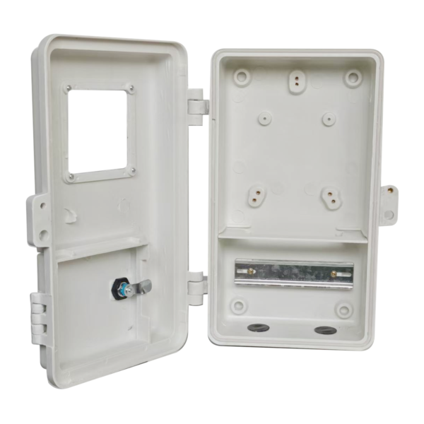 White electrical enclosure with the door open, showing internal compartments and a mounting rail
