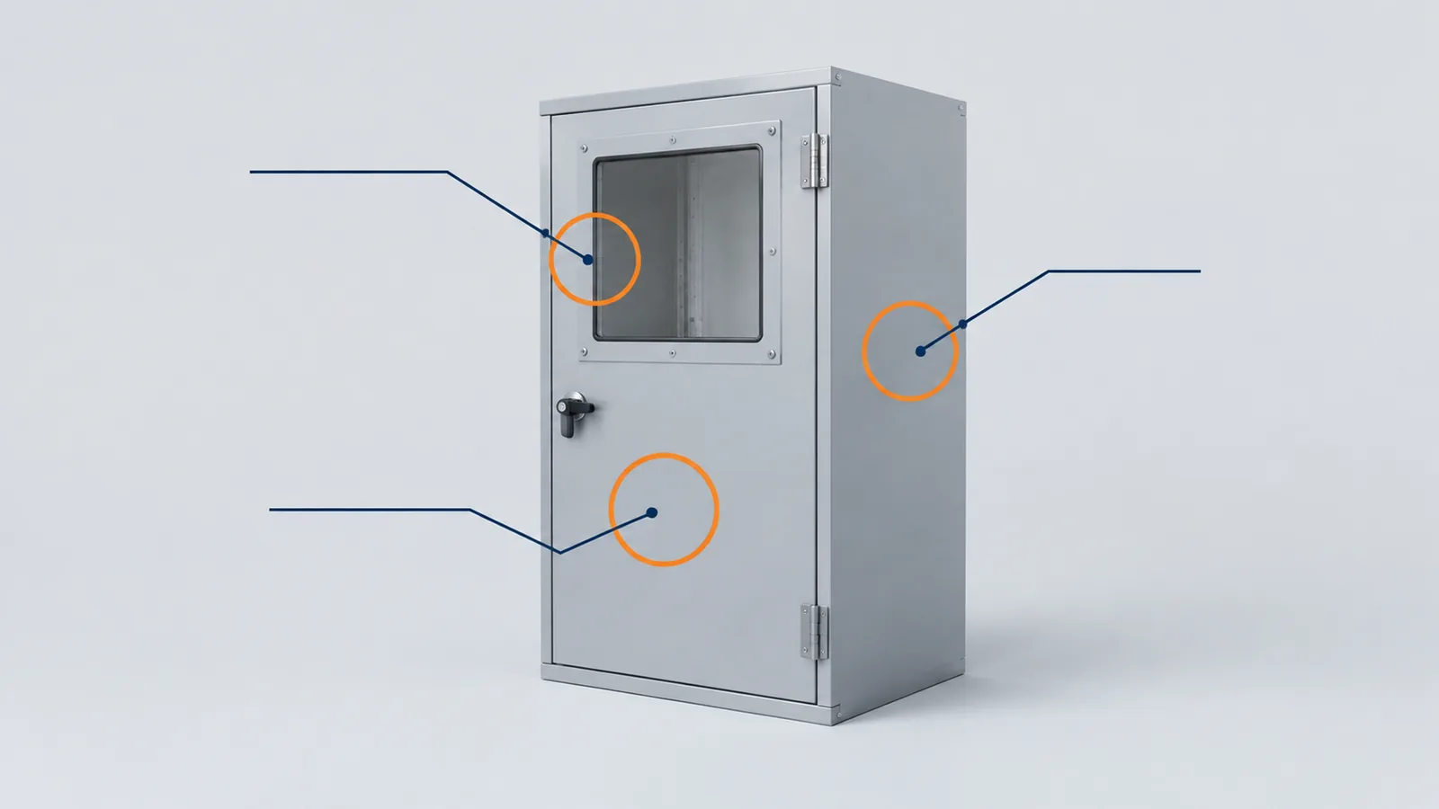 Concept enclosure with callouts on the viewing-window frame, lower door and side panel.