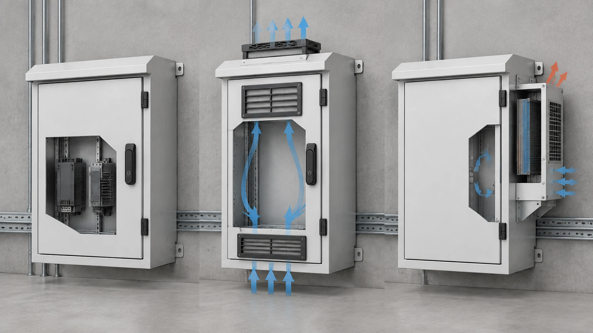 Three enclosure cutaways illustrating wall heat transfer, ventilation, and a sealed cooling arrangement.