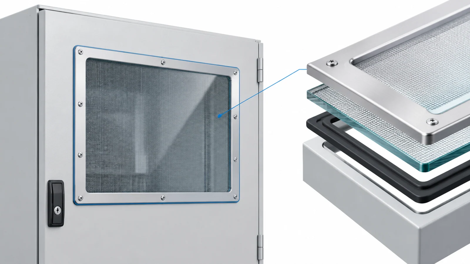 Mesh inspection window with a framed opening and an exploded perimeter-seal detail.