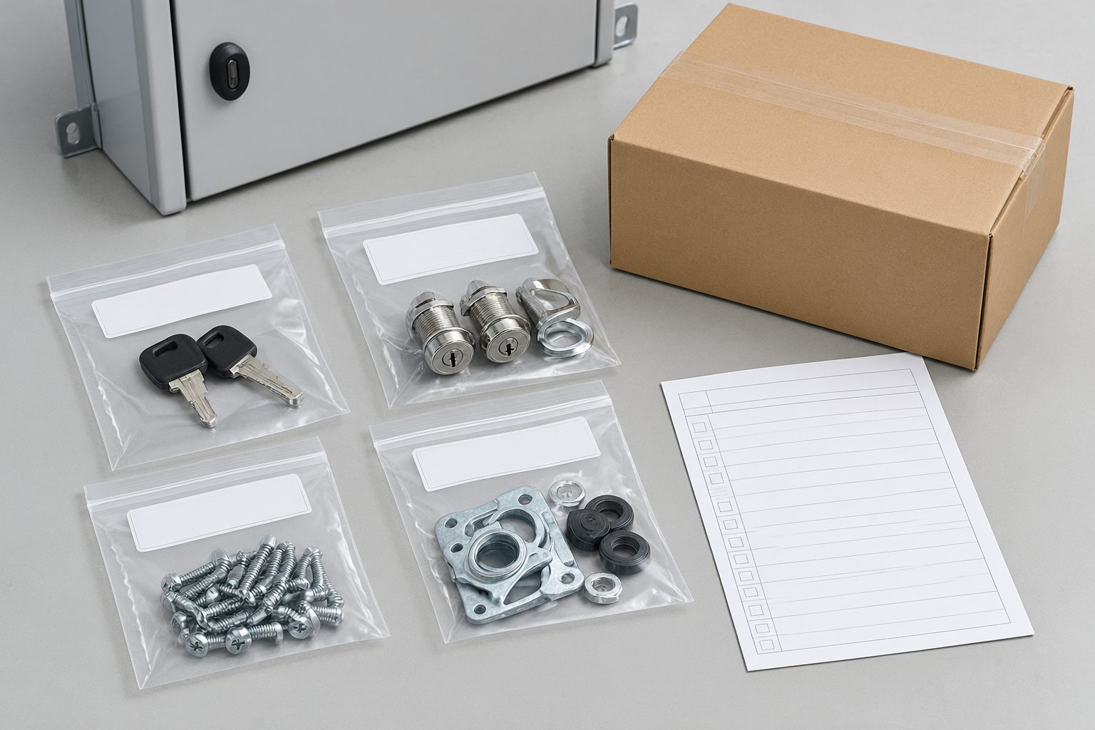 Cabinet keys locks and hardware packed in separate counted bags
