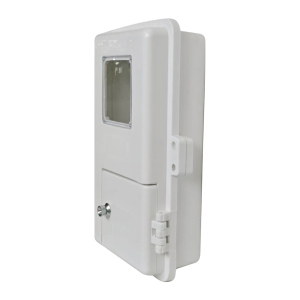 Front-right view of a white electrical enclosure with a viewing window and lower access door