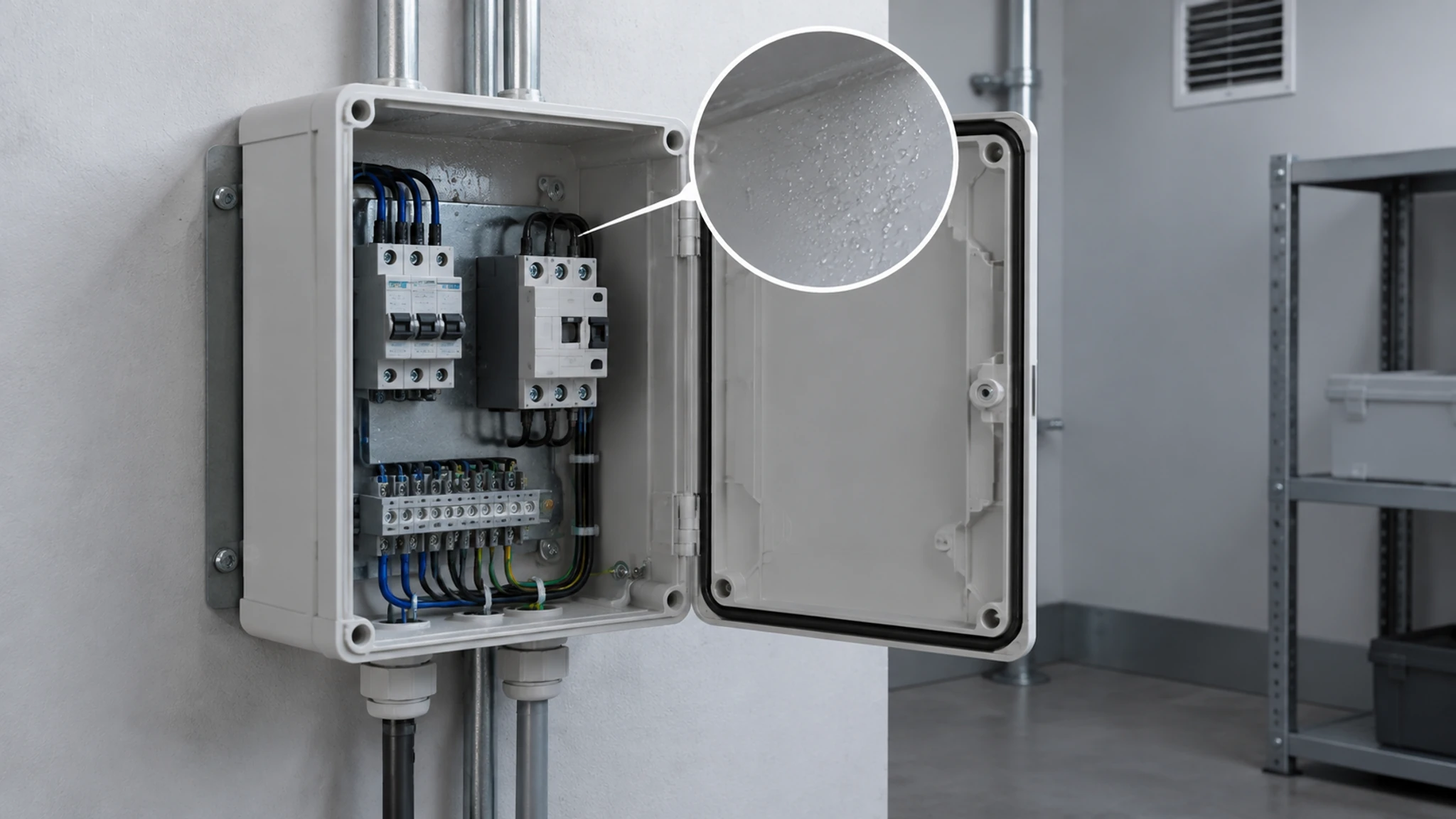 Non-metallic enclosure cutaway with a detail of condensation on an internal surface.