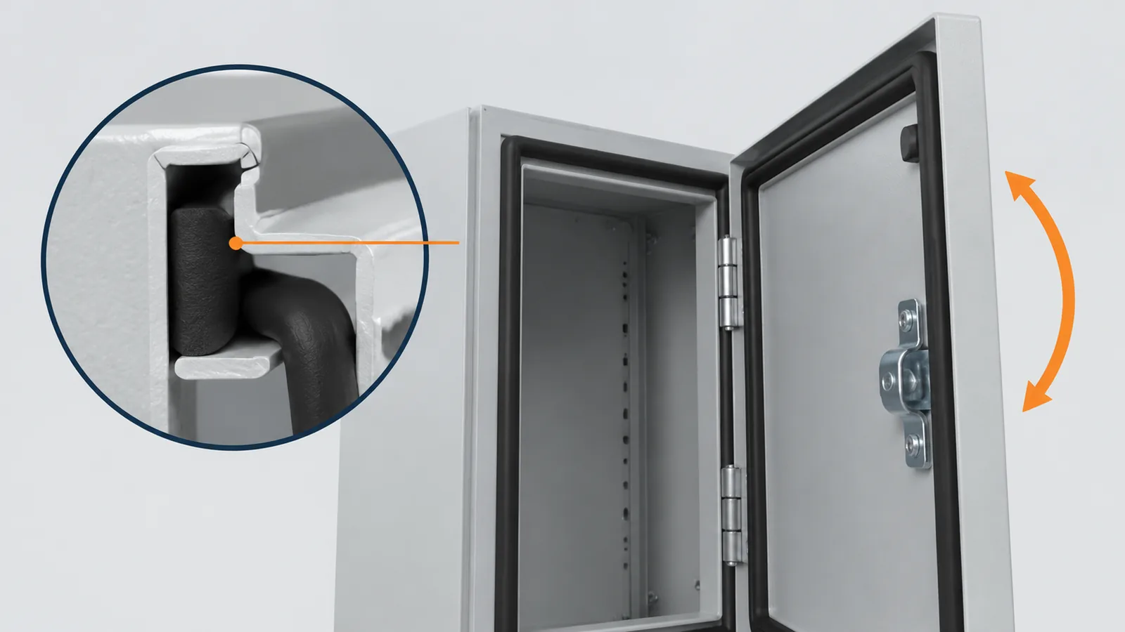 Illustrative close-up of an enclosure door, perimeter gasket and simplified sealing-contact cross-section.