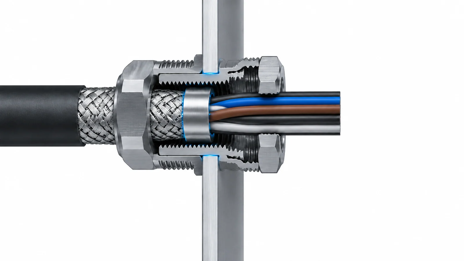 Cutaway of a metal cable gland showing the cable braid, contact sleeve and enclosure wall.