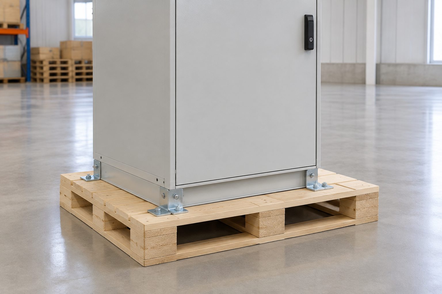 Cabinet anchored at base on timber skid with visible fork pockets