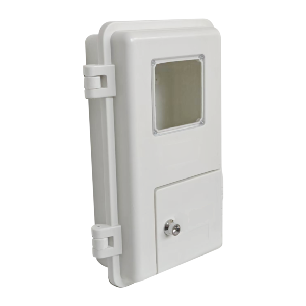 Front-left view of a white electrical enclosure with a viewing window and lower access door