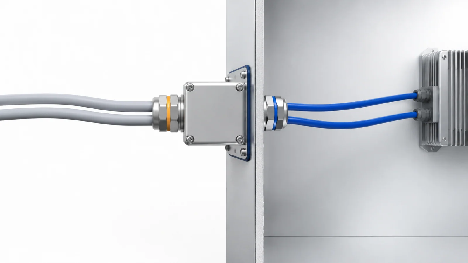 Wall-mounted filter separating external cable connections from internal wiring.