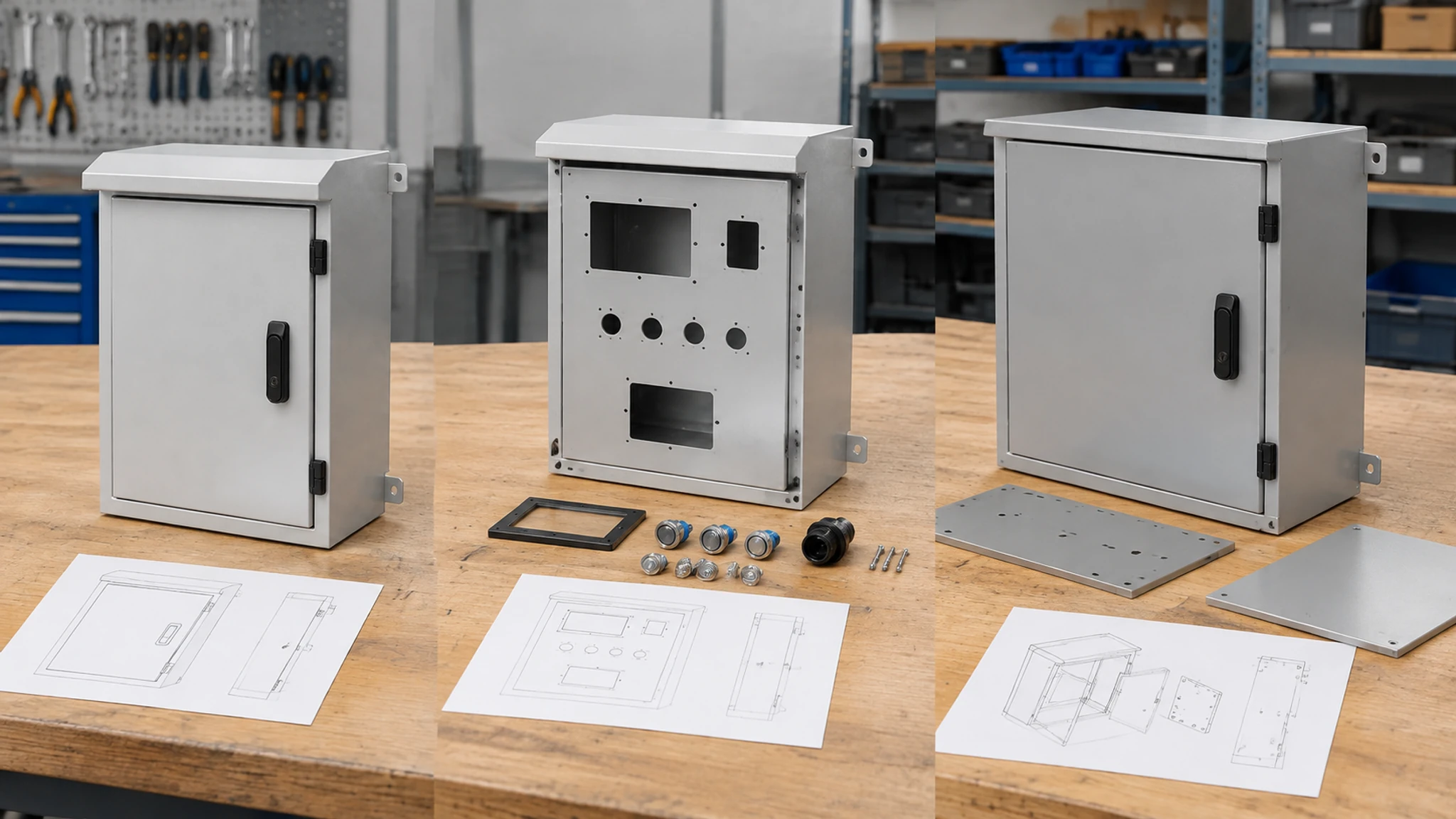 Three procurement options showing an unmodified standard box, a supplier-machined box, and a custom fabricated enclosure.