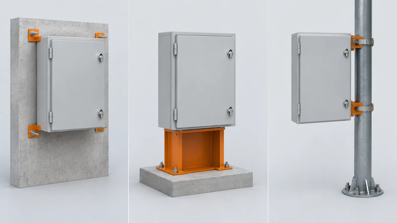 Illustrative comparison of enclosure mounting on a wall, a floor plinth and a pole with band clamps.