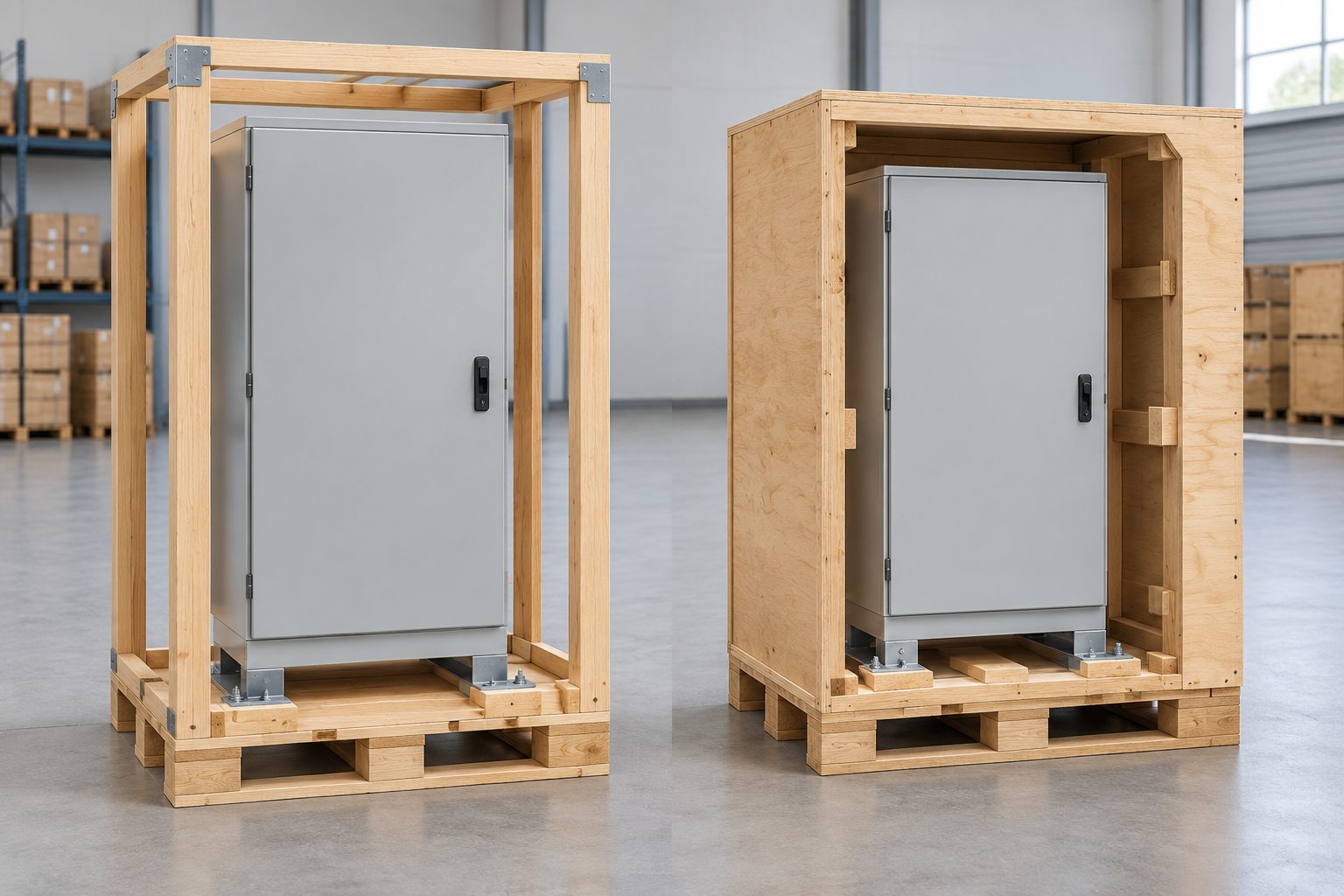 Open crate and enclosed crate options around upright cabinets