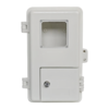 Front view of a white electrical enclosure with a viewing window and lower access door