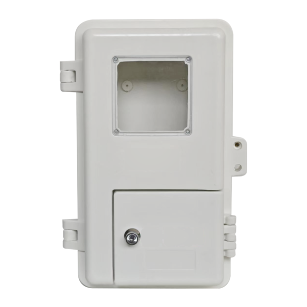 Front view of a white electrical enclosure with a viewing window and lower access door