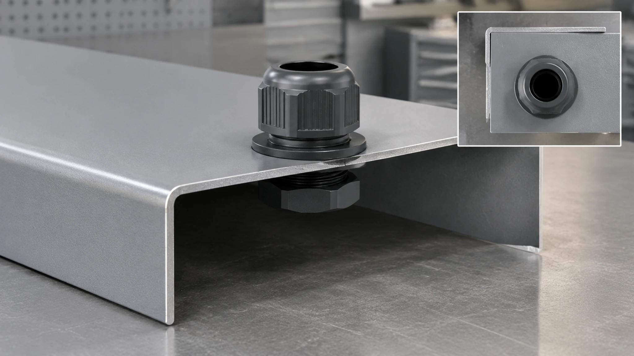 Cutout review near a folded metal enclosure edge, showing a cable gland flange, retaining nut, and sealing area.