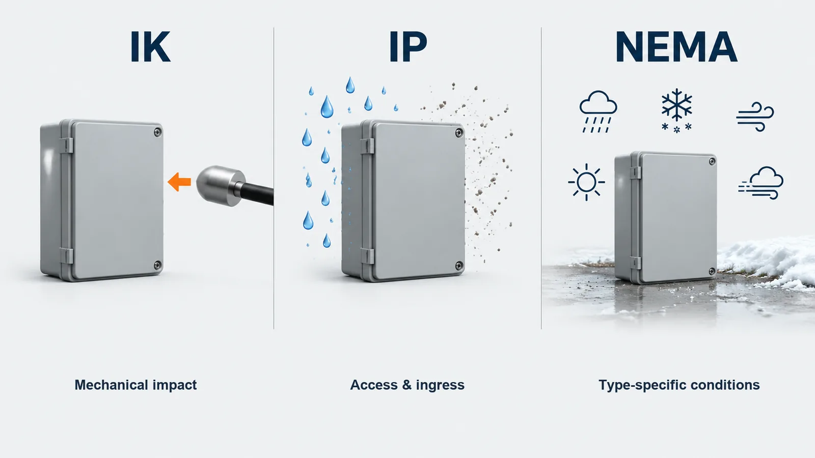 Three-panel concept comparison of IK mechanical impact, IP access and ingress protection, and NEMA Type-specific requirements.