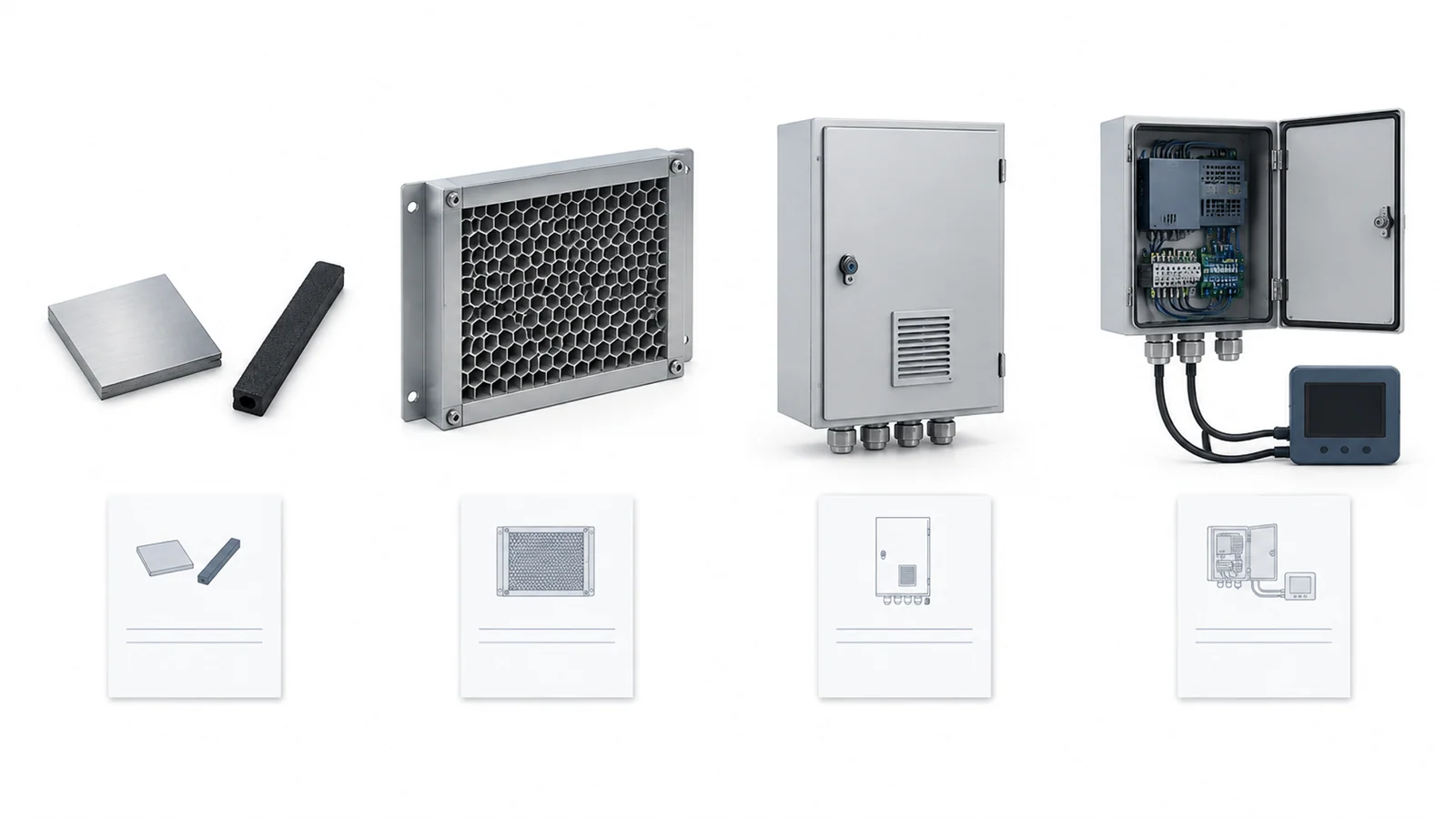 Material, vent, empty enclosure and assembled equipment shown as different test objects.