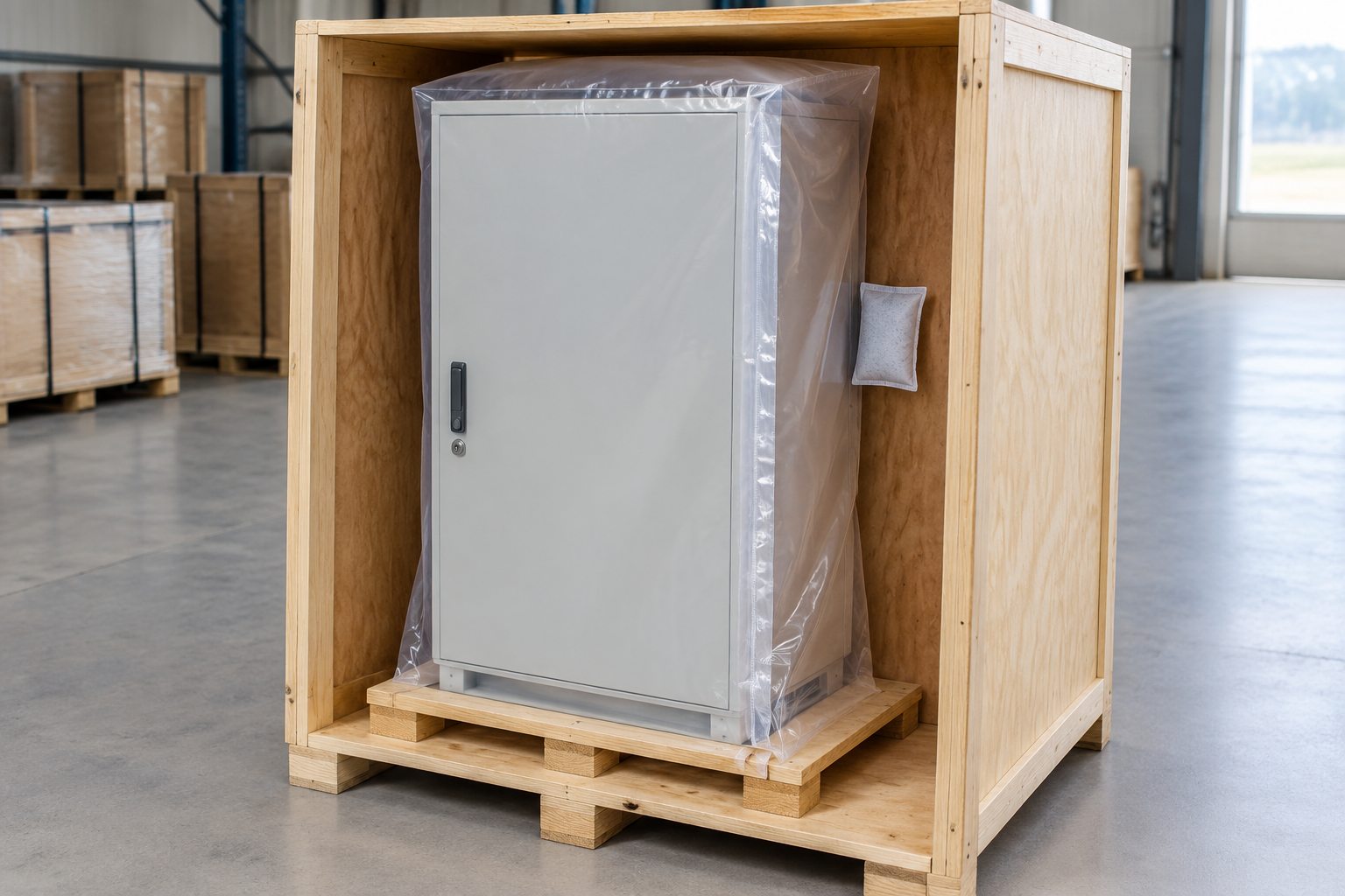 Dry cabinet in illustrative sealed inner moisture barrier