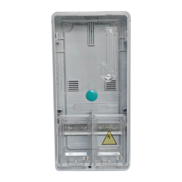 Front view of a clear-cover electrical enclosure with two lower access doors and an electrical hazard symbol