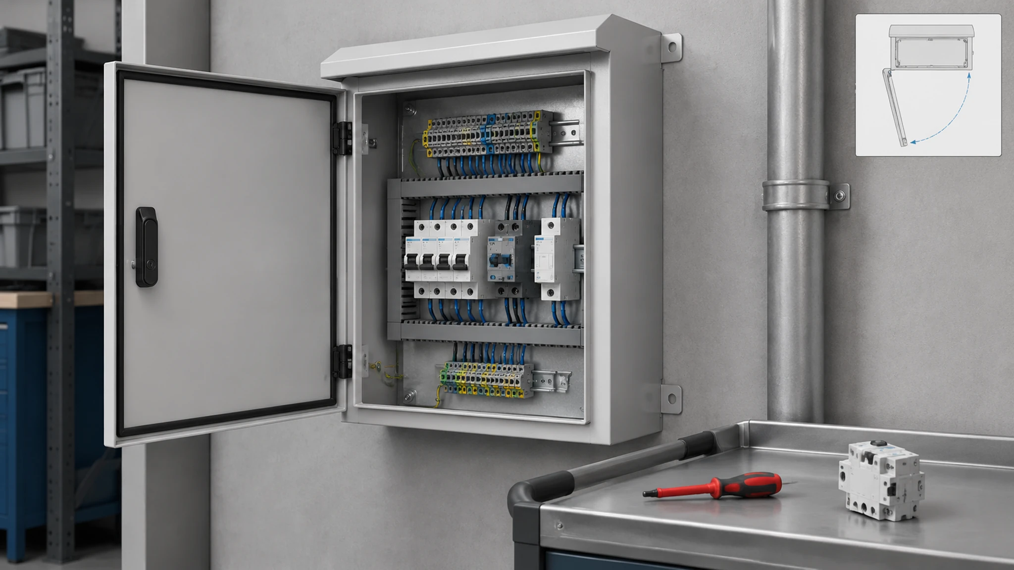 Open enclosure with space indicated for door swing, terminal access, and component removal.