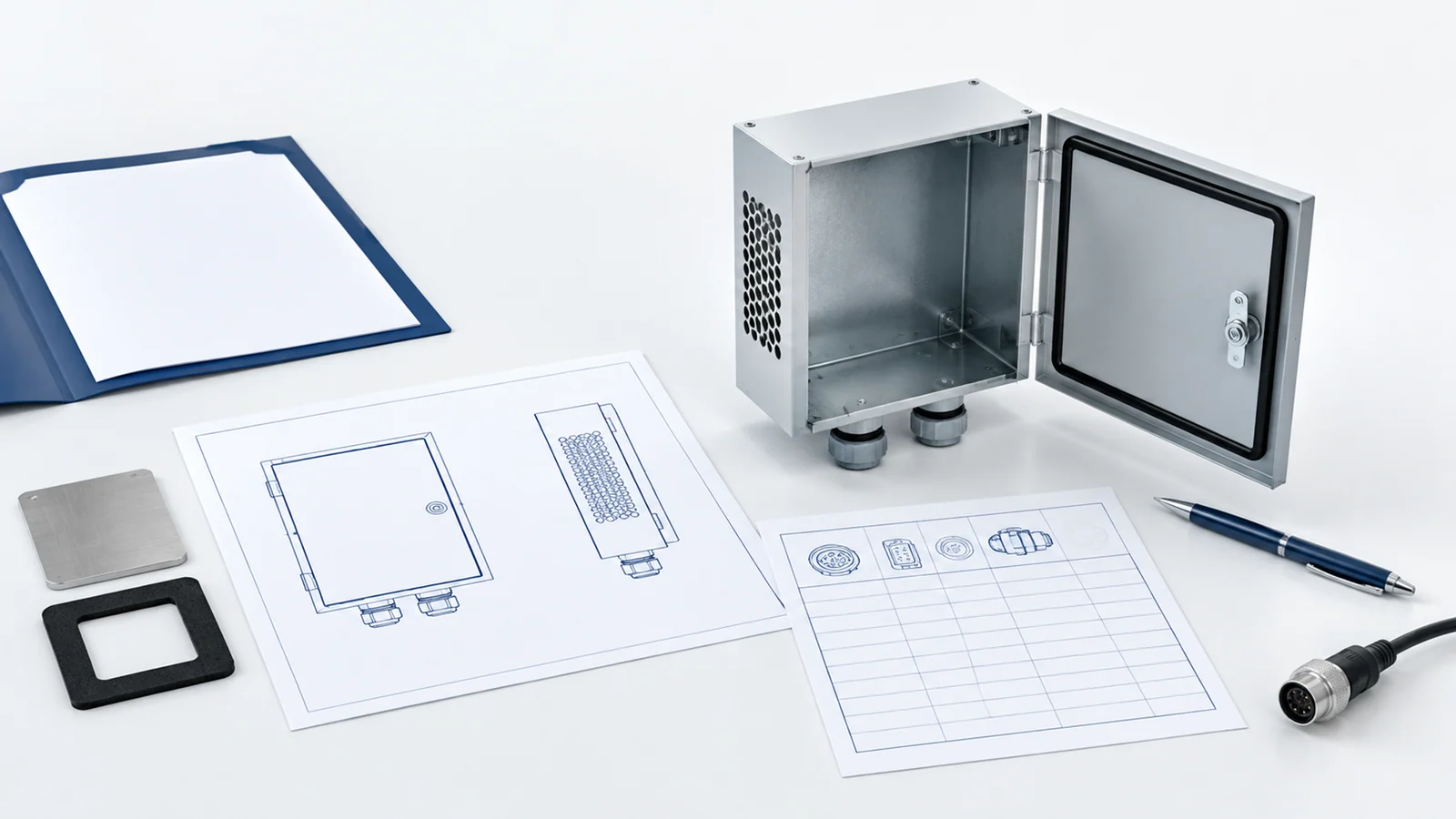 Enclosure RFQ package with cabinet drawings, connector schedule, material sample and gasket.